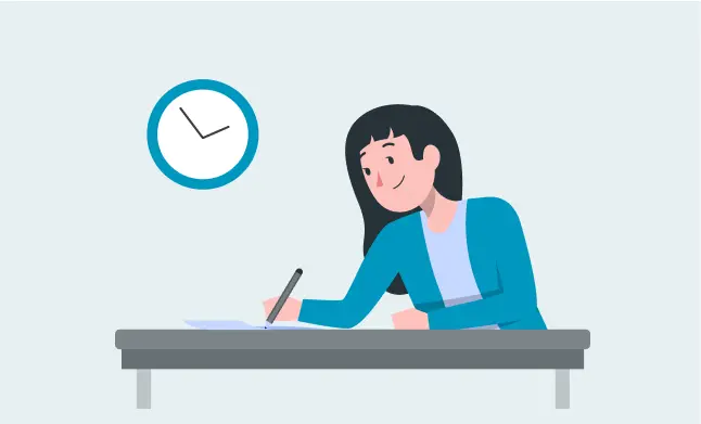 机で自習課題に取り組む女性のイラスト