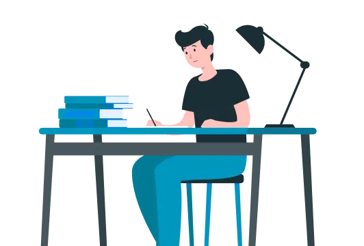 机でノートを取りながら勉強している男性のイラスト