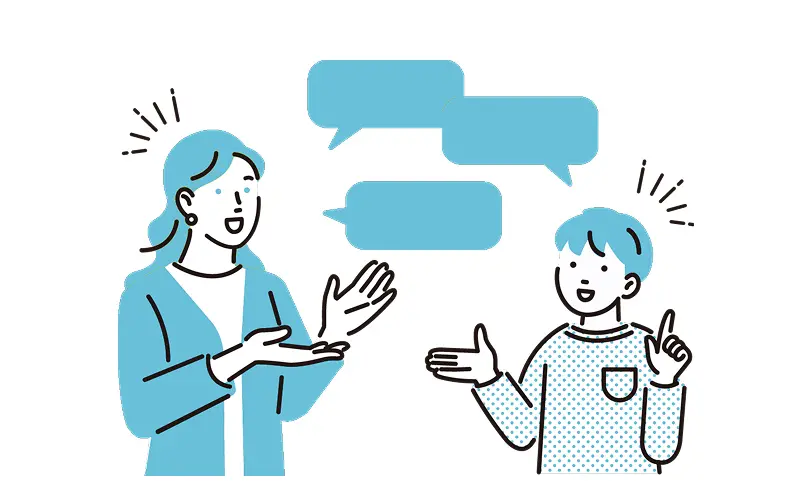 英語でやりとりをしながら音楽を学んでいる様子を表した会話のイラスト