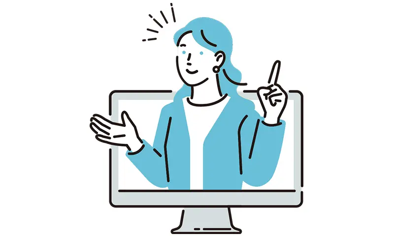 自宅で受けられるオンラインレッスンをイメージした、モニター越しに案内する講師のイラスト